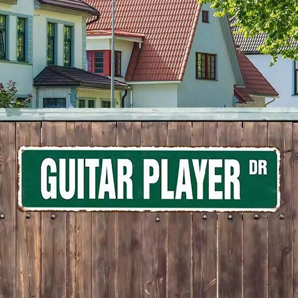 2D Flat - 1pc Large Vintage Guitarist Metal Wall Sign |   Heavy-Duty Iron Retro Music Decor With Guitar Pick Art & Bold Green Letters - Large 4*16 Inch (10*40cm) Guitar-Themed Decoration Suitable For Man Cave, Garage, Bar, Music Room - Aged Aesthetic